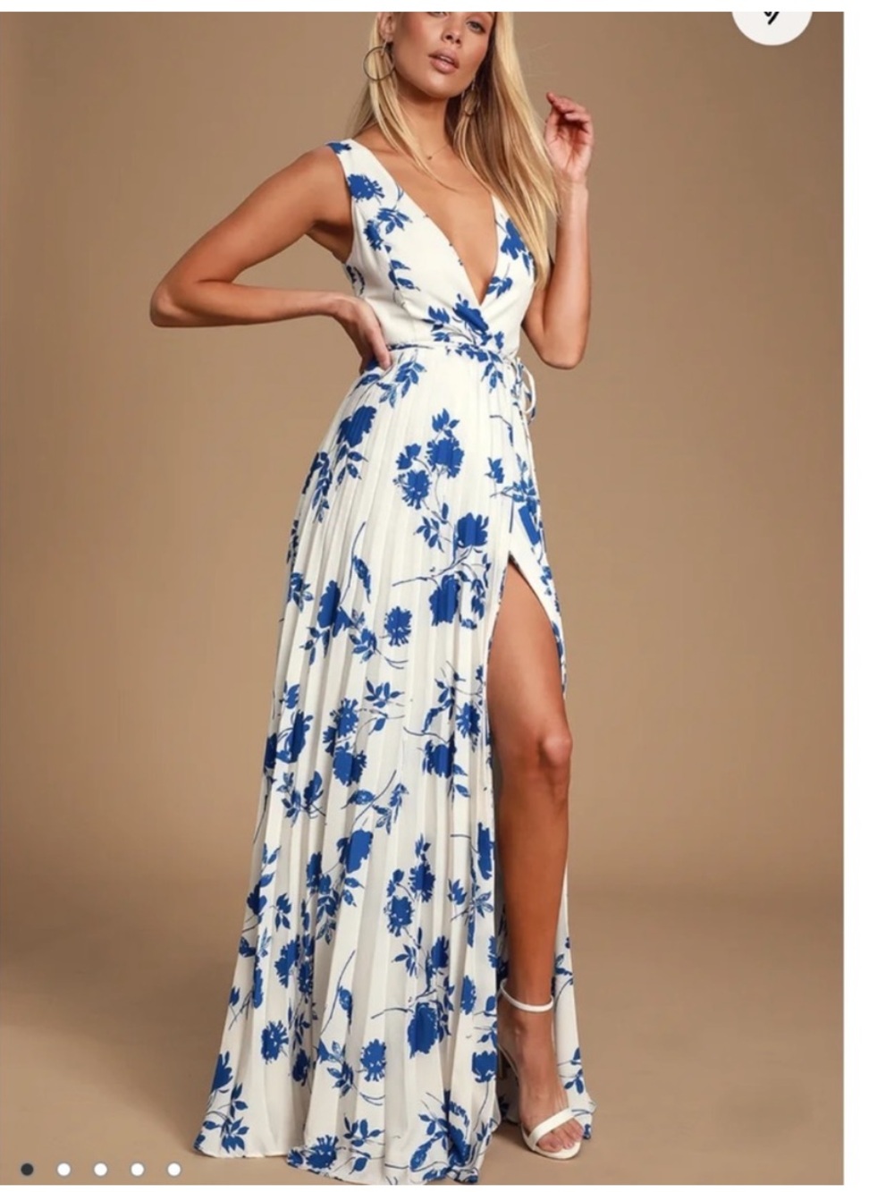 Lulu's White Maxi Dress with Blue Floral Print and Deep V